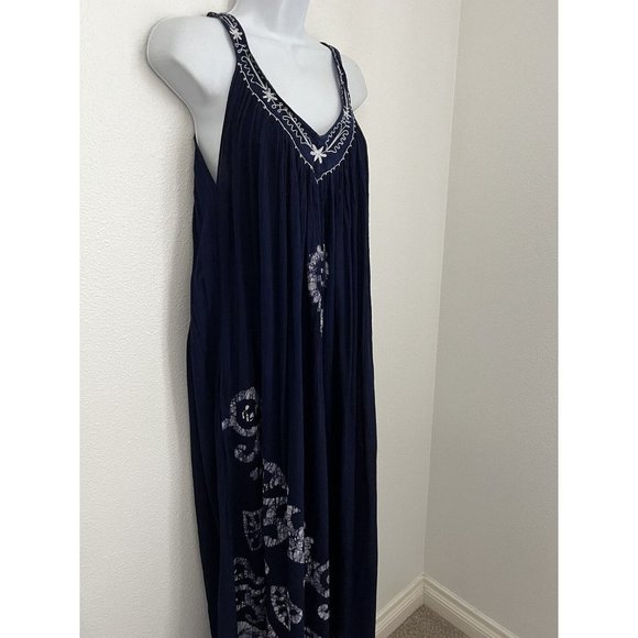 IN-GEAR Boho Navy Blue crinkle boho maxi dress hippie sleeveless embroidered OS - Picture 4 of 9